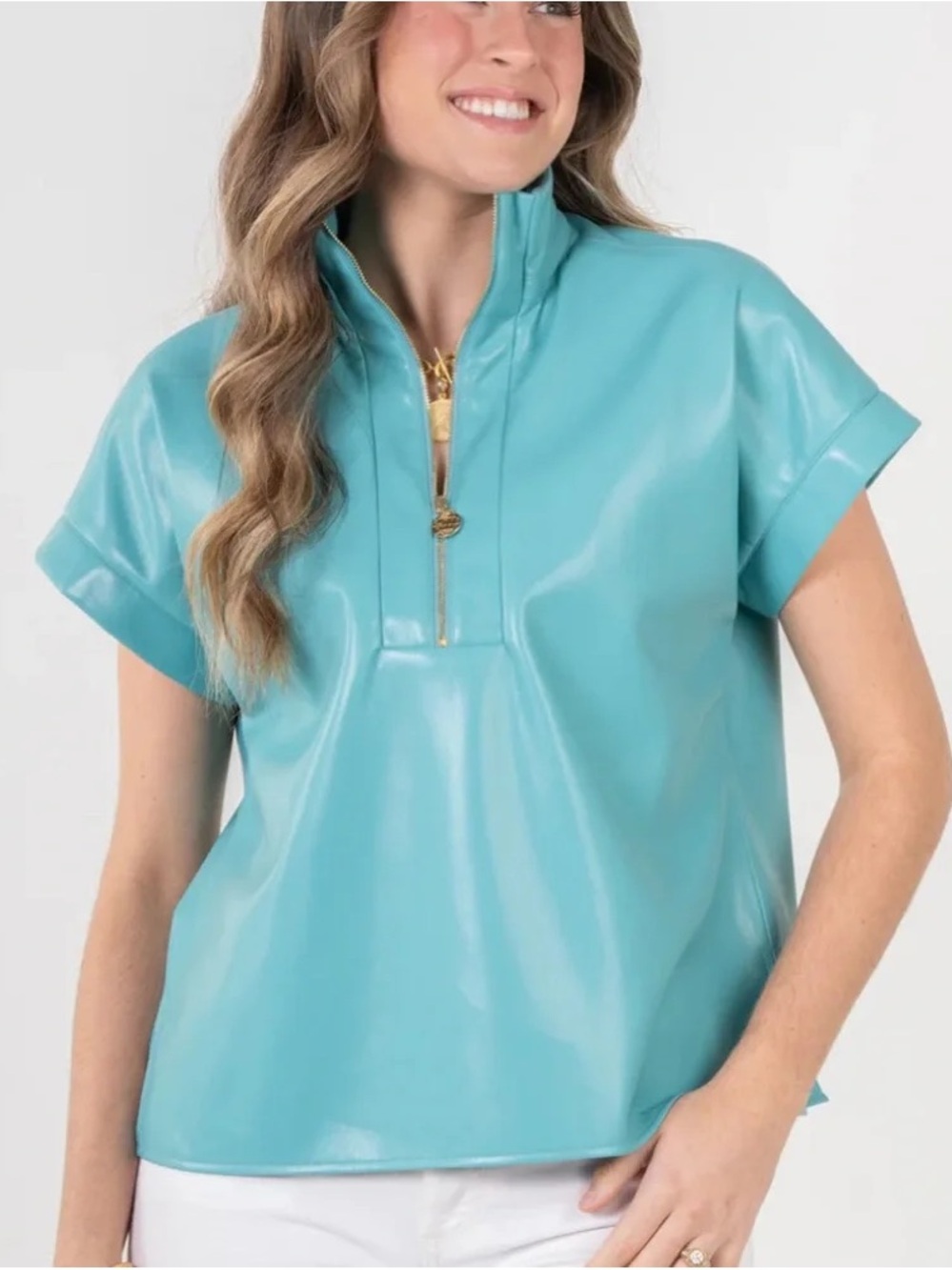 Emily McCarthy Aqua Short-Sleeve leather look top poppy small